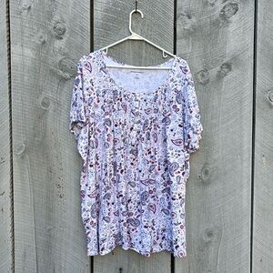 Woman Within paisley multicolor top scoop neck with smocking short sleeves 2X